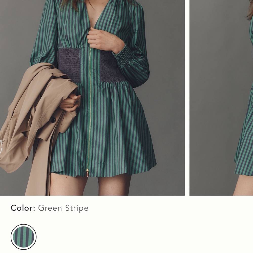 Anthropologie Green Striped V-Neck Mini Dress